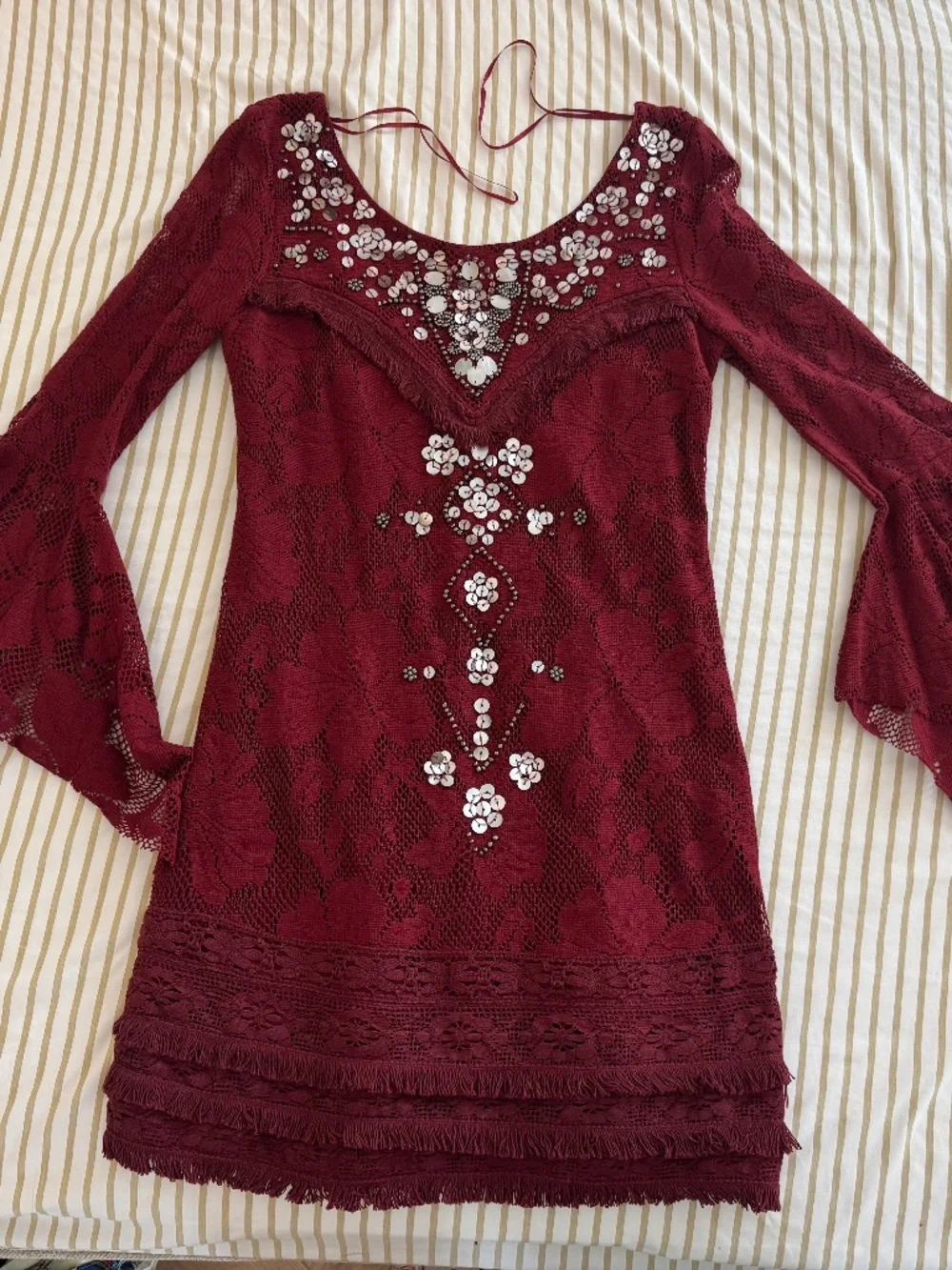 Free People Burgundy Embellished Bell Sleeve Crochet Mini Dress Size 6